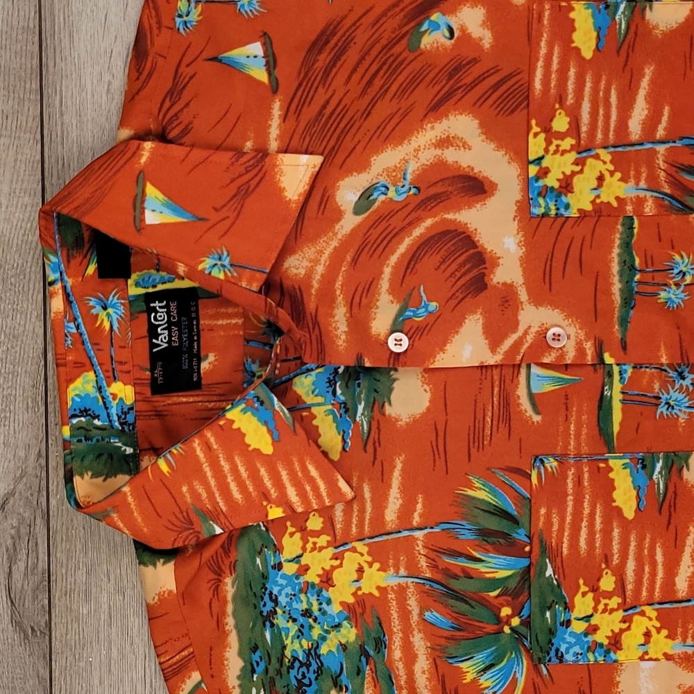 VAN CORT Burnt Orange Surfers Vintage Abstract Poly Sz XL Hawaiian Shirt 70s